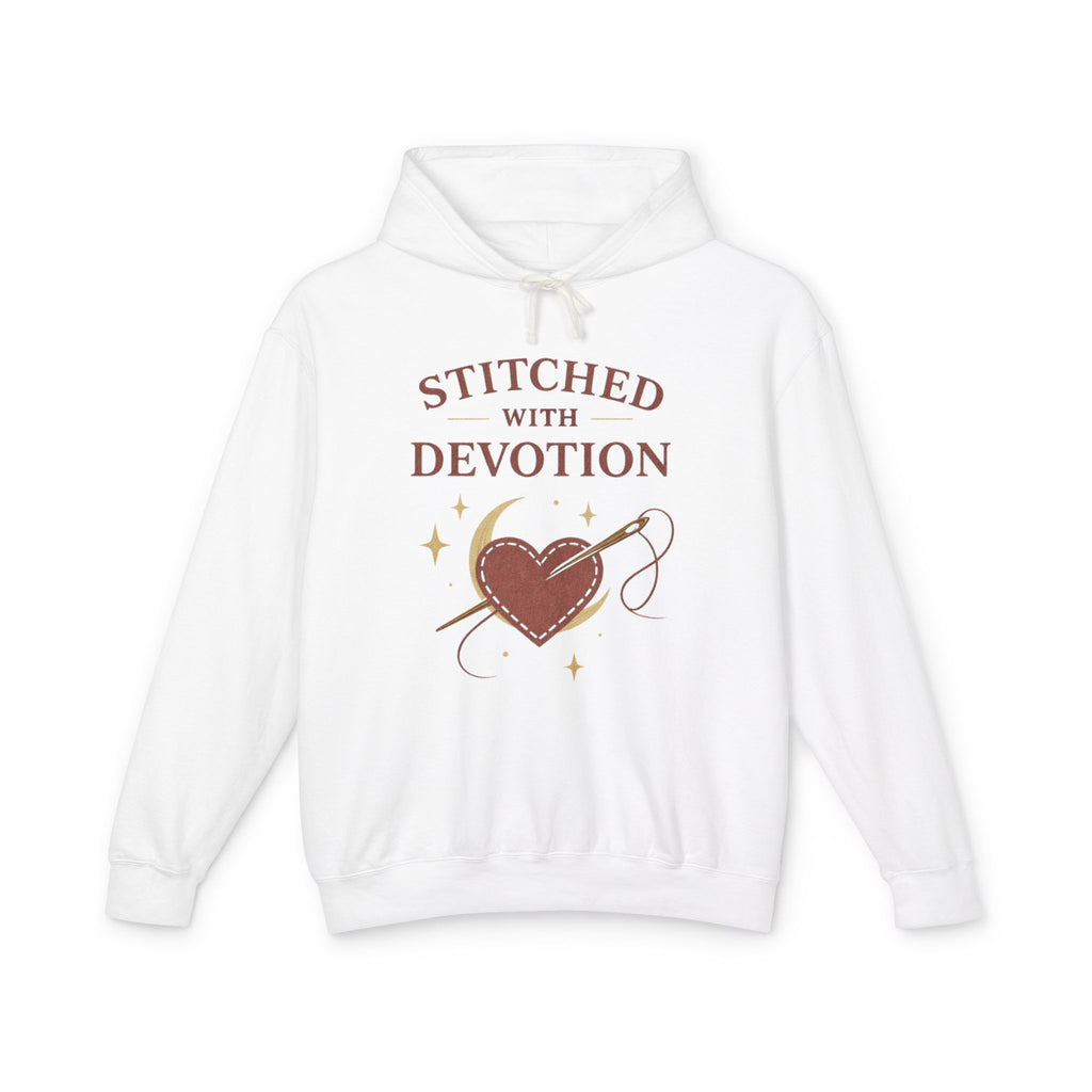 Stitched With Devotion Hoodie — Embroidered Heart Sewing Lover Sweatshirt