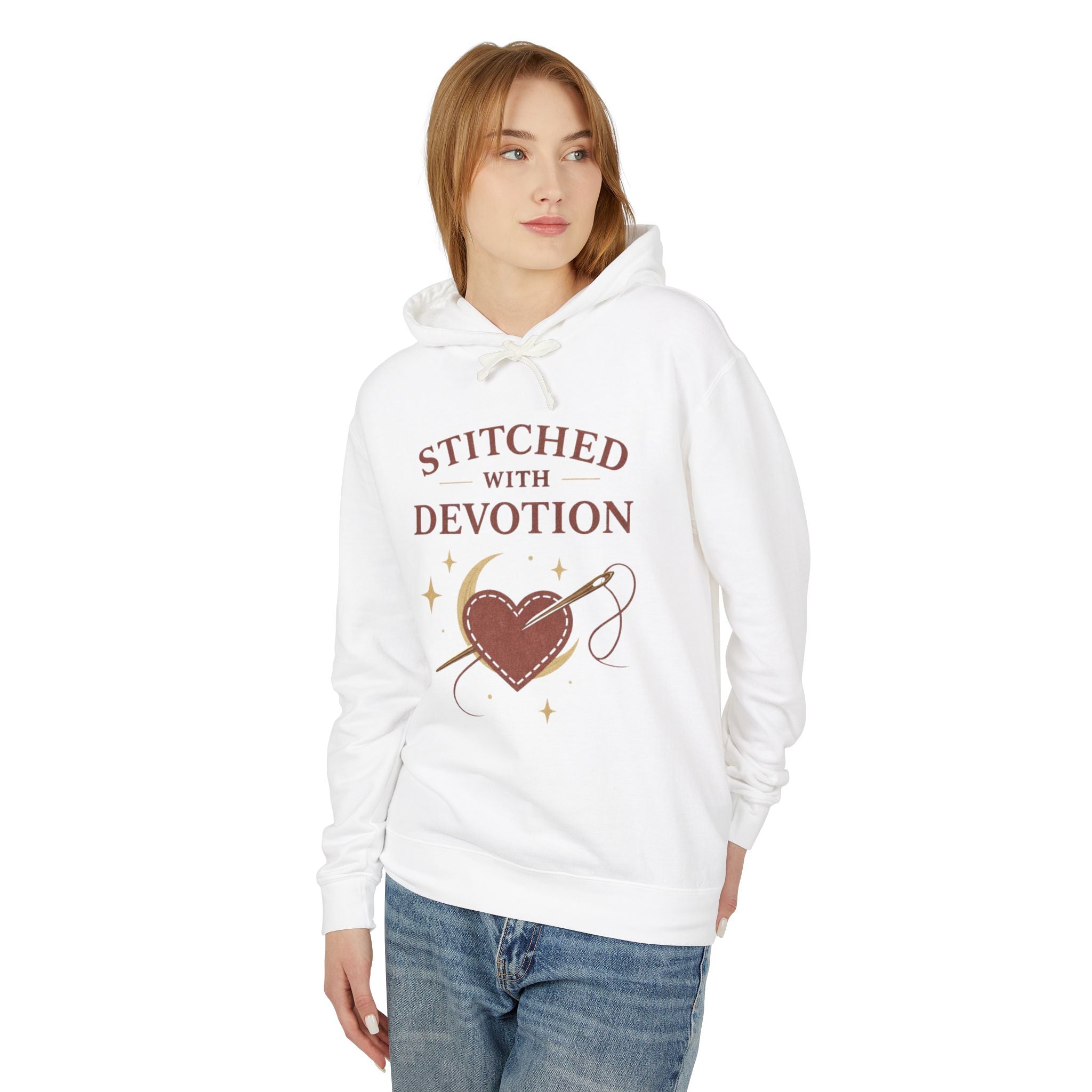 Stitched With Devotion Hoodie — Embroidered Heart Sewing Lover Sweatshirt
