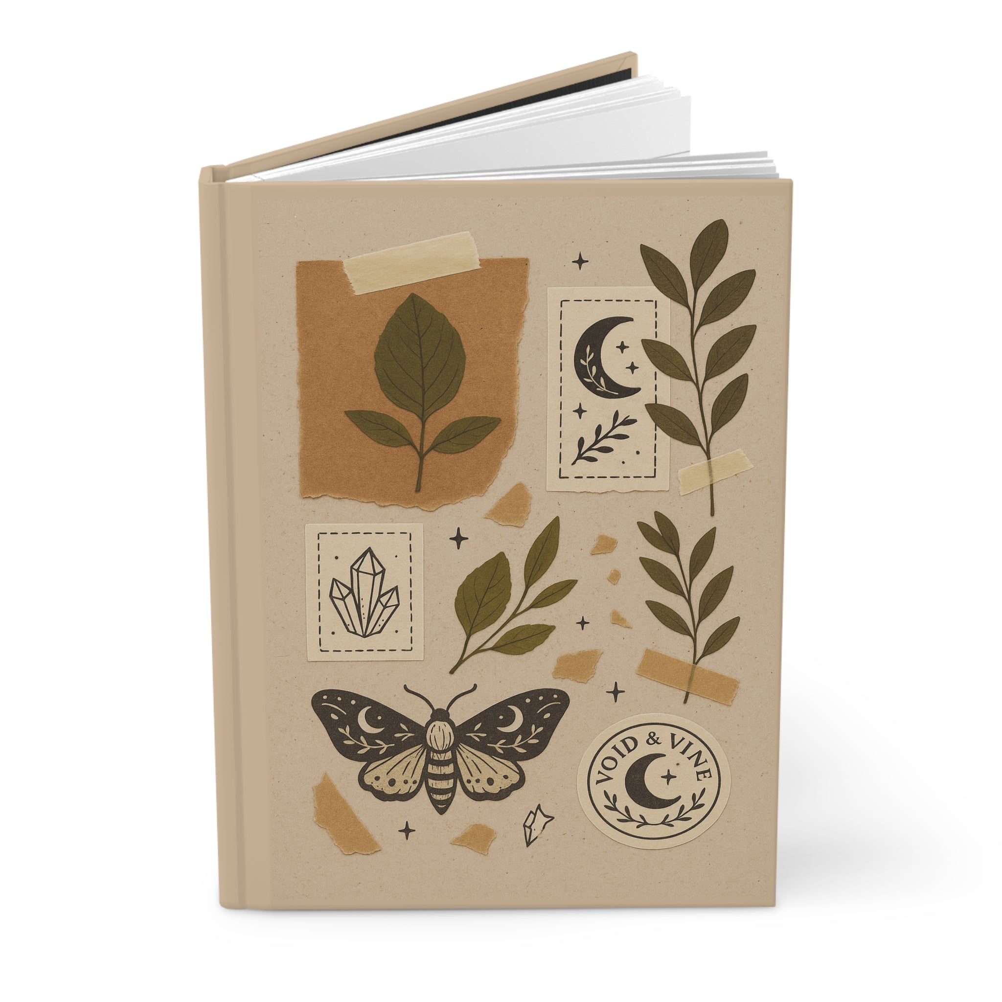 Botanical Moon Hardcover Journal — Moth, Crystals & Vintage Collage Notebook