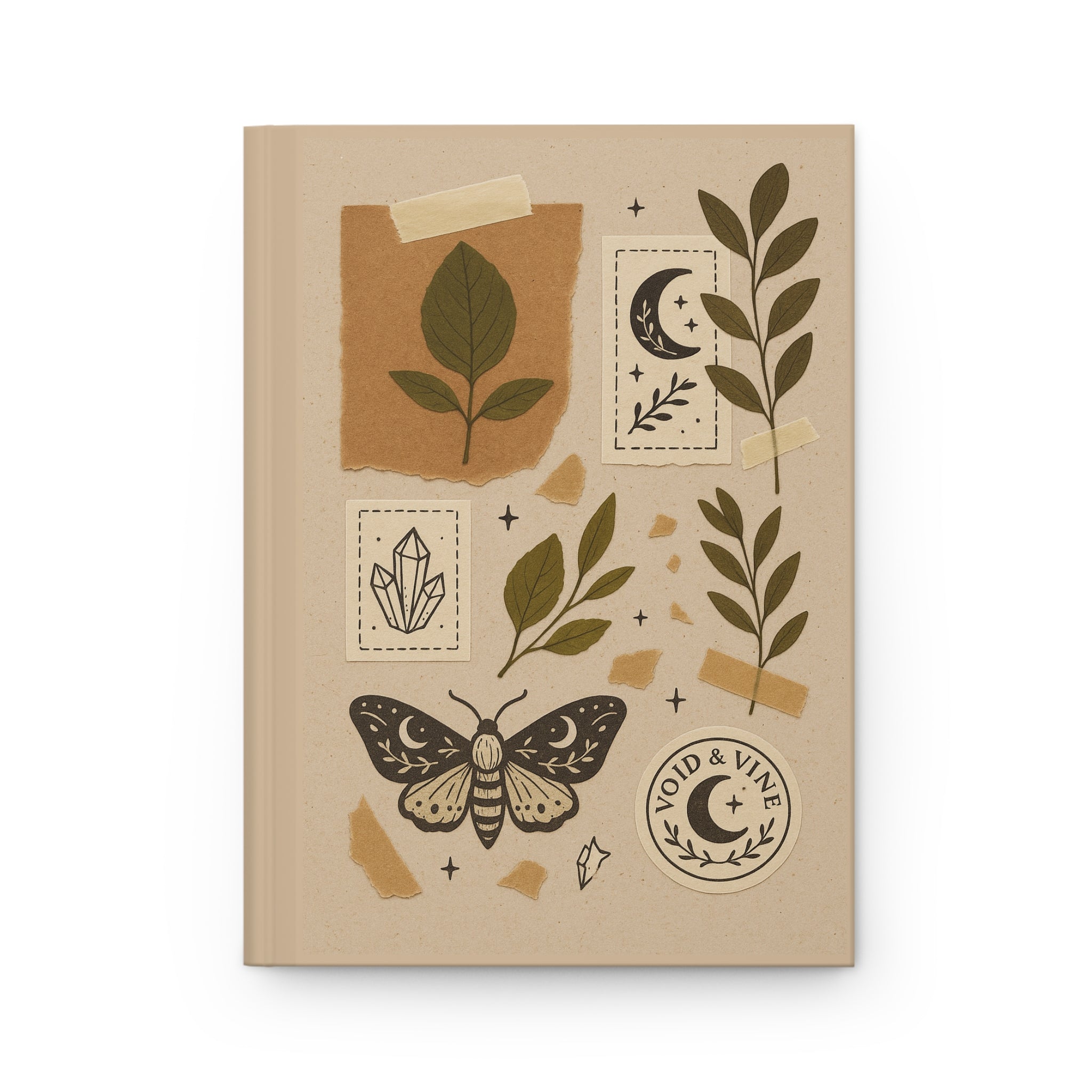 Botanical Moon Hardcover Journal — Moth, Crystals & Vintage Collage Notebook